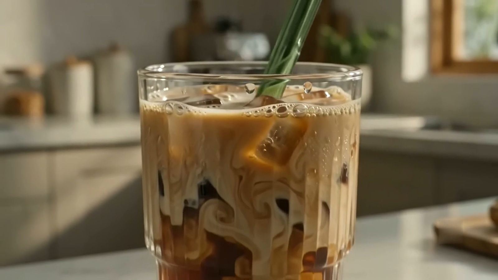 A tall glass of cold brew with milk over ice